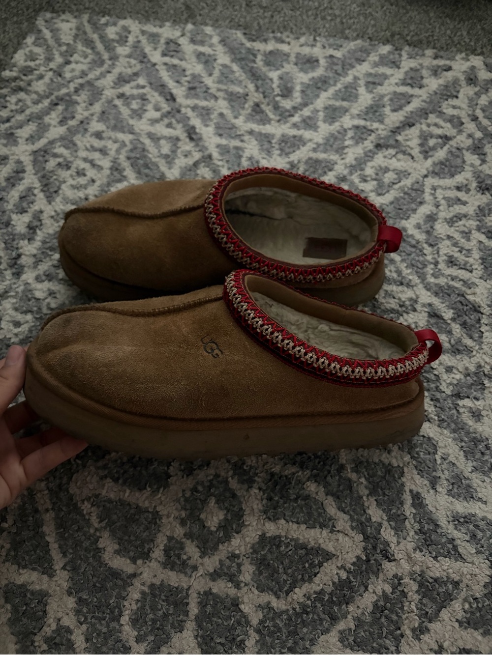 UGG Chestnut Suede Slip-On Slippers with Red Trim
